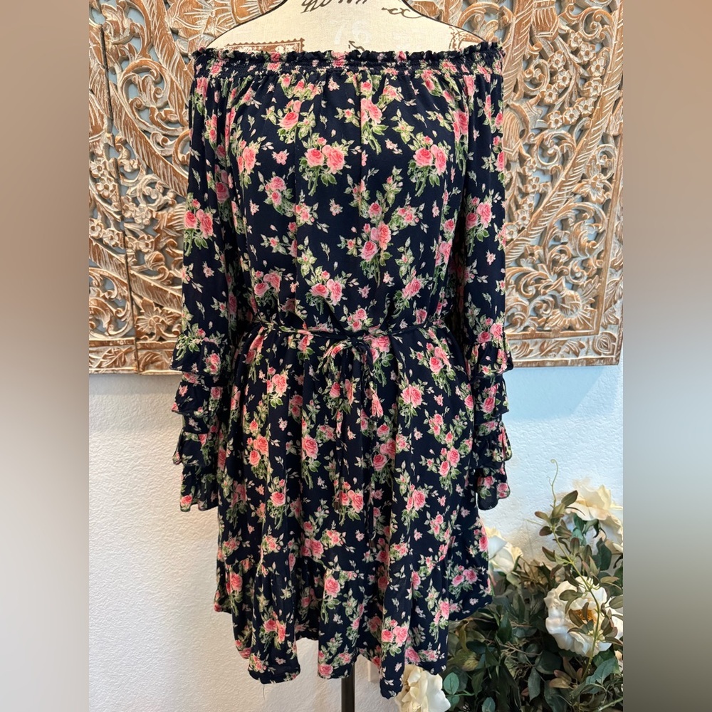 Feathers Navy Blue Rose Floral Mini Dress- size L